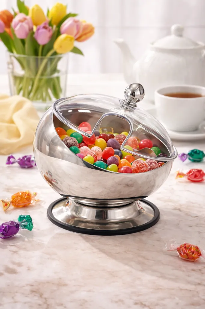 Premium Stainless Steel Sugar Bowl with Transparent Lid | Dry Fruit & Candy Serving Bowl with Stand.webp